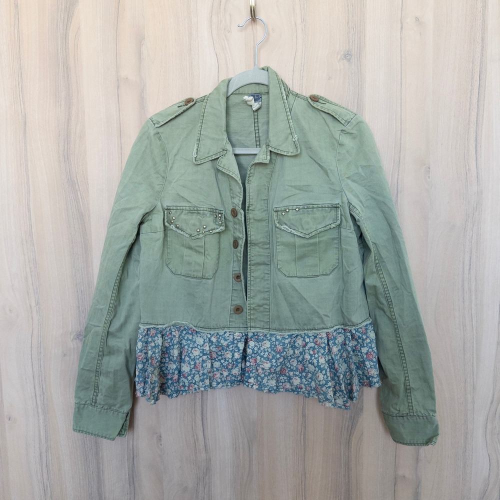 We The Free Military Jacket Small Green Floral‎ Ruffle Studded Utility Boho - Picture 2 of 8